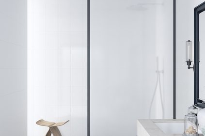 Narrow bathroom with glass shower enclosure