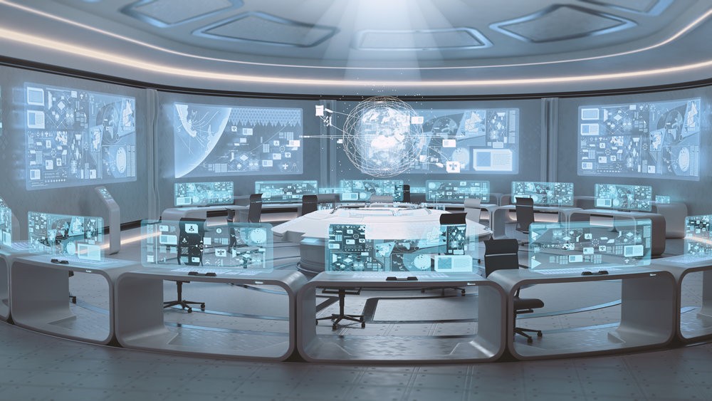 Empty, modern, futuristic command center interior
